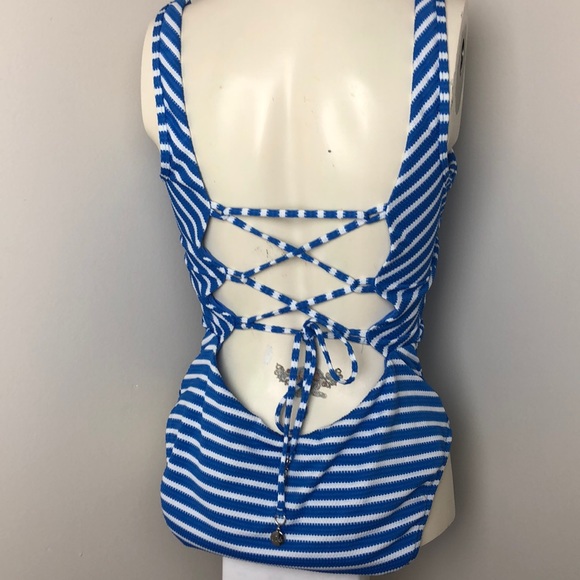Ralph Lauren Blue Mitered Mio Stripe Lace Back One-Piece Swimwear Size M - Picture 6 of 10